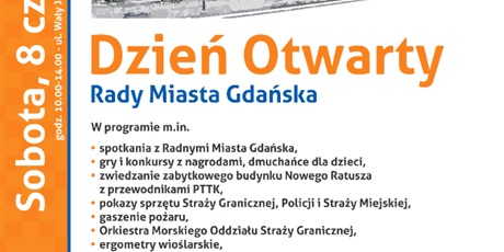 Powiększ grafikę: Zaproszenie na Dzień Otwarty Rady Miasta Gdańska w sobotę 8 czerwca od godz. 10.00 do 14.00 w Nowym Ratuszu, ul. Wały Jagiellońskie 1