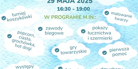 Powiększ grafikę: Szkoła Podstawowa nr 47 Rada Dzielnicy Chełm zapraszają na festyn rodzinny czwartek 29.09 maja 2025 godzina 16:30 do 19:00 w programie między innymi: turniej koszykówki, zawody biegowe, pokazy łucznictwa i szermierki, malowanie twarzy, popcorn, ciasta, grochówka, hot dogi, gry towarzyskie, pierwsza pomoc, dmuchany zamek, tatuaże, występy lokalne i pokazy taneczne, bransoletki i breloczki, wielkie bańki, gry podwórkowe, stanowiska Fundacji Nowa i FOSA, malarstwo i galeria talentów, lemoniada, wyc