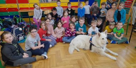 Powiększ grafikę: Grupa uczniów z psem ratownikiem w sali lekcyjnej  na tle szafek szkolnych